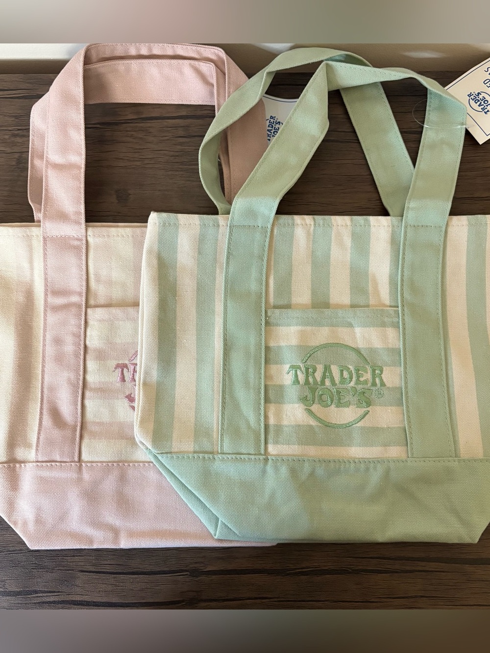 Trader Joe’s viral striped Mini Canvas Tote. BOTH BAGS included. Pink & Green.